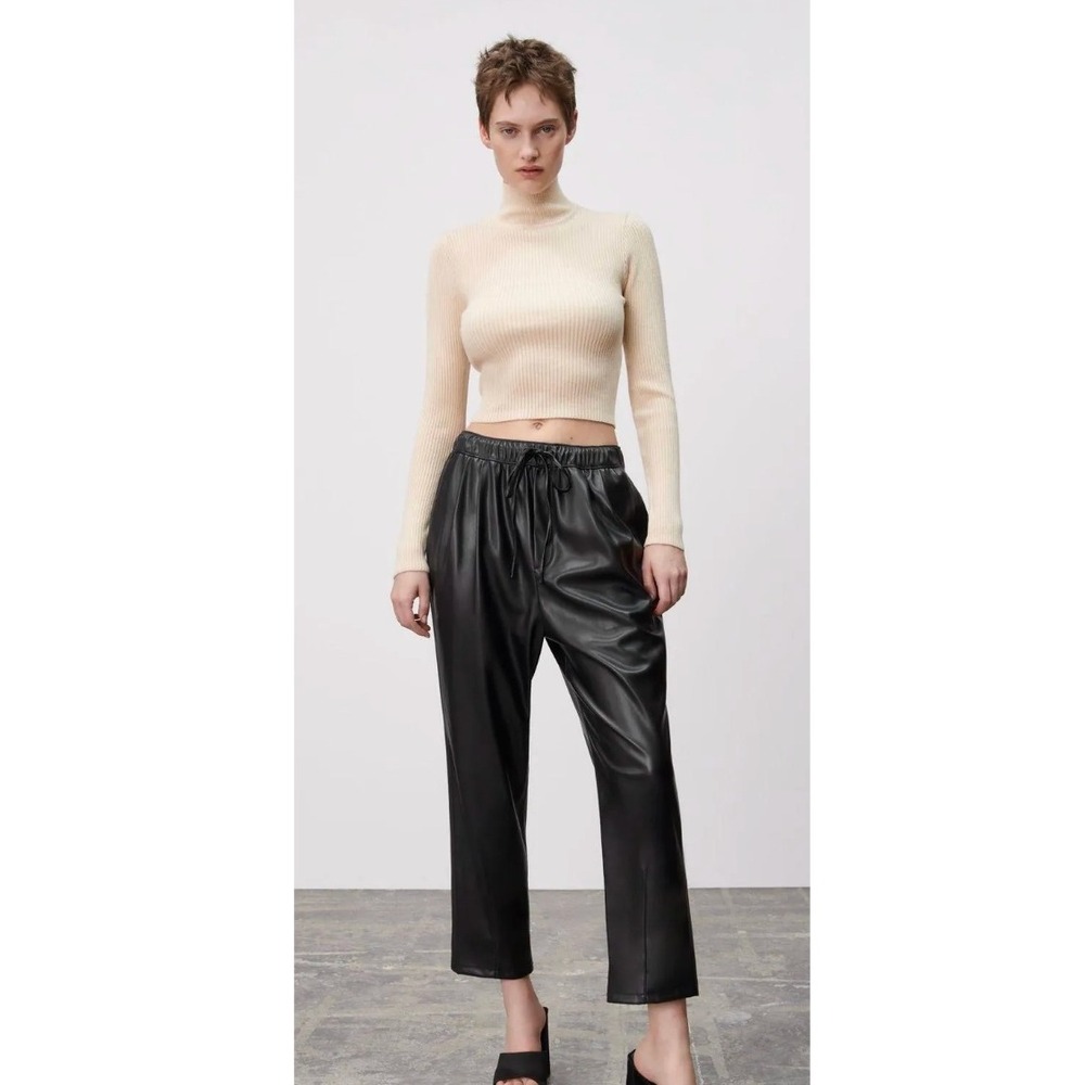 Zara Faux Leather Joggers Black High Waist Drawstring Pants Small